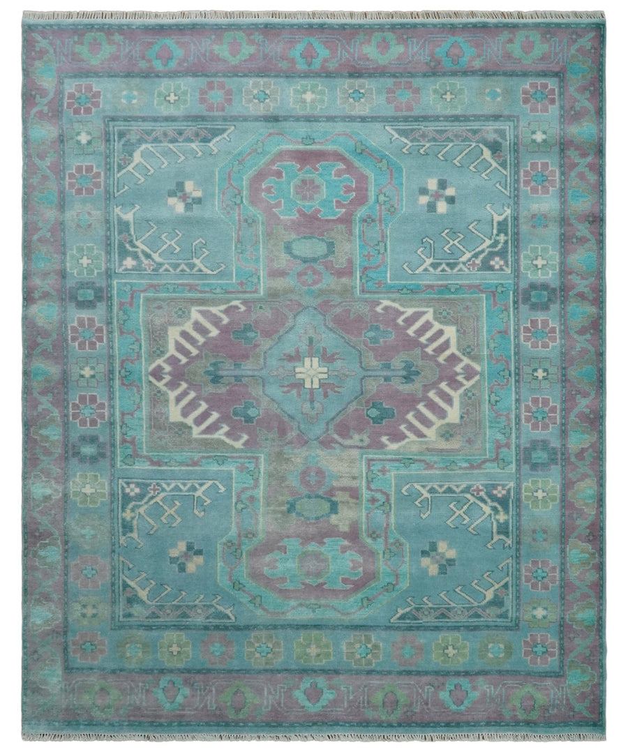 8x10 Hand Knotted Heriz Serapi Aqua, Pink and Ivory Floral Area Rug | TRDCP1369810 - The Rug Decor