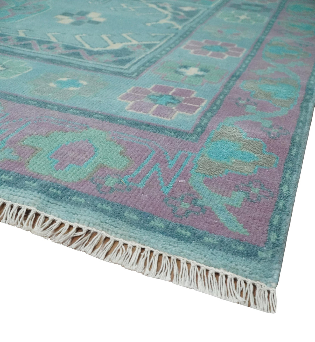 8x10 Hand Knotted Heriz Serapi Aqua, Pink and Ivory Floral Area Rug | TRDCP1369810 - The Rug Decor