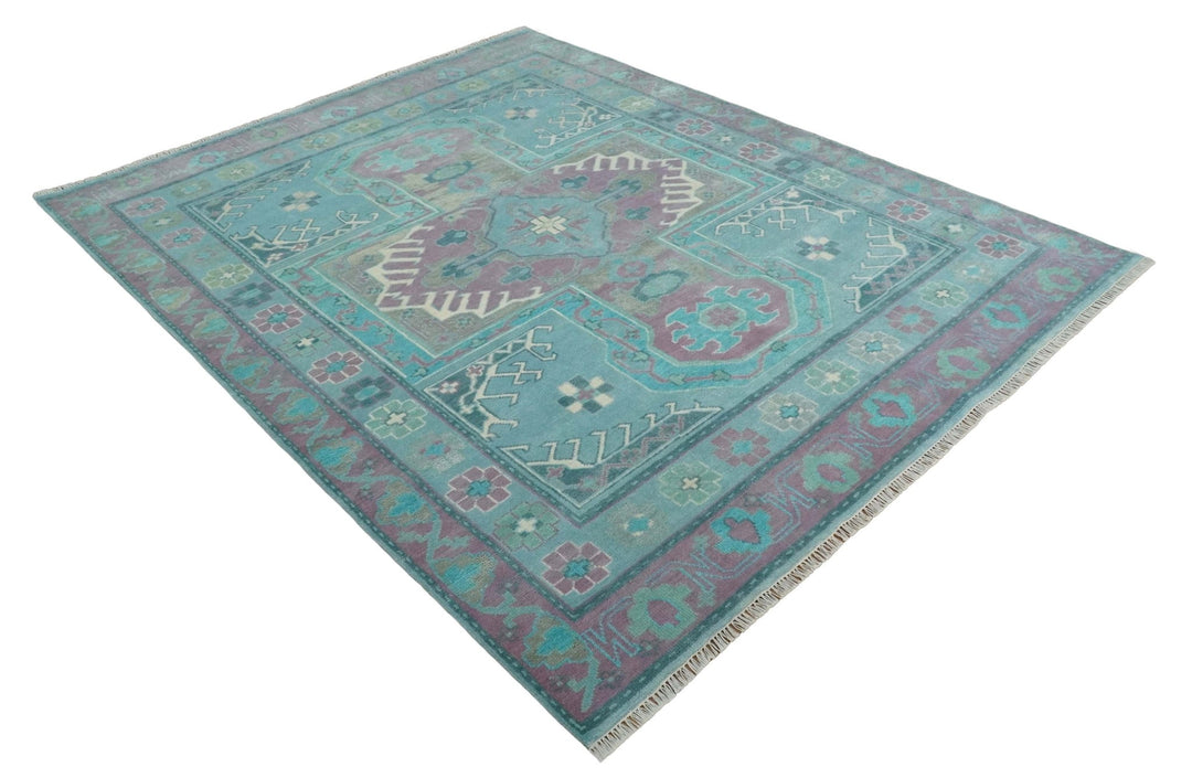 8x10 Hand Knotted Heriz Serapi Aqua, Pink and Ivory Floral Area Rug | TRDCP1369810 - The Rug Decor