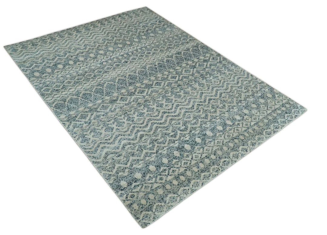 8x10 Hand Knotted Ivory and Blue Modern Contemporary Southwestern Tribal Trellis Recycled Silk Area Rug | OP37 - The Rug Decor