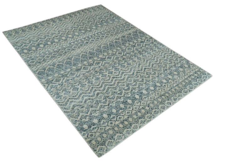 8x10 Hand Knotted Ivory and Blue Modern Contemporary Southwestern Tribal Trellis Recycled Silk Area Rug | OP37 - The Rug Decor