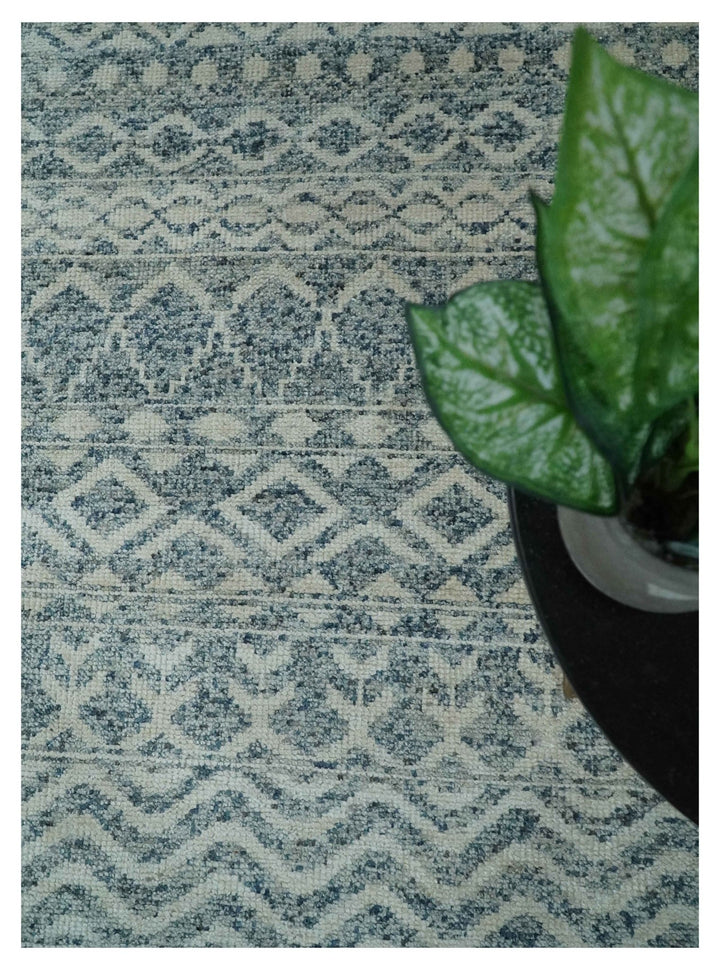 8x10 Hand Knotted Ivory and Blue Modern Contemporary Southwestern Tribal Trellis Recycled Silk Area Rug | OP37 - The Rug Decor
