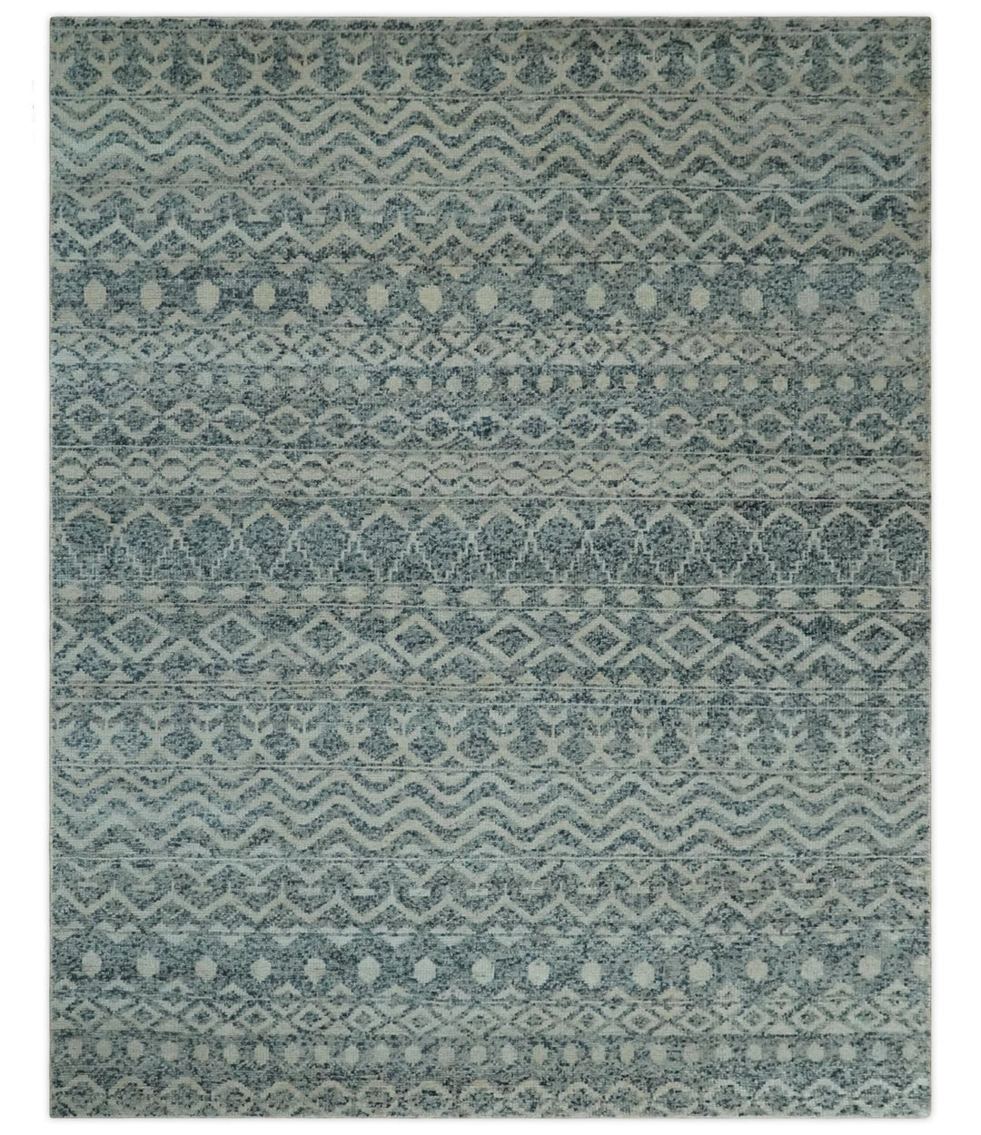 8x10 Hand Knotted Ivory and Blue Modern Contemporary Southwestern Tribal Trellis Recycled Silk Area Rug | OP37 - The Rug Decor