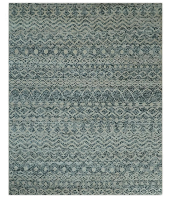 8x10 Hand Knotted Ivory and Blue Modern Contemporary Southwestern Tribal Trellis Recycled Silk Area Rug | OP37 - The Rug Decor