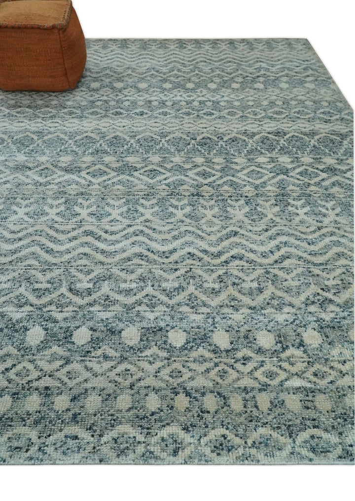 8x10 Hand Knotted Ivory and Blue Modern Contemporary Southwestern Tribal Trellis Recycled Silk Area Rug | OP37 - The Rug Decor