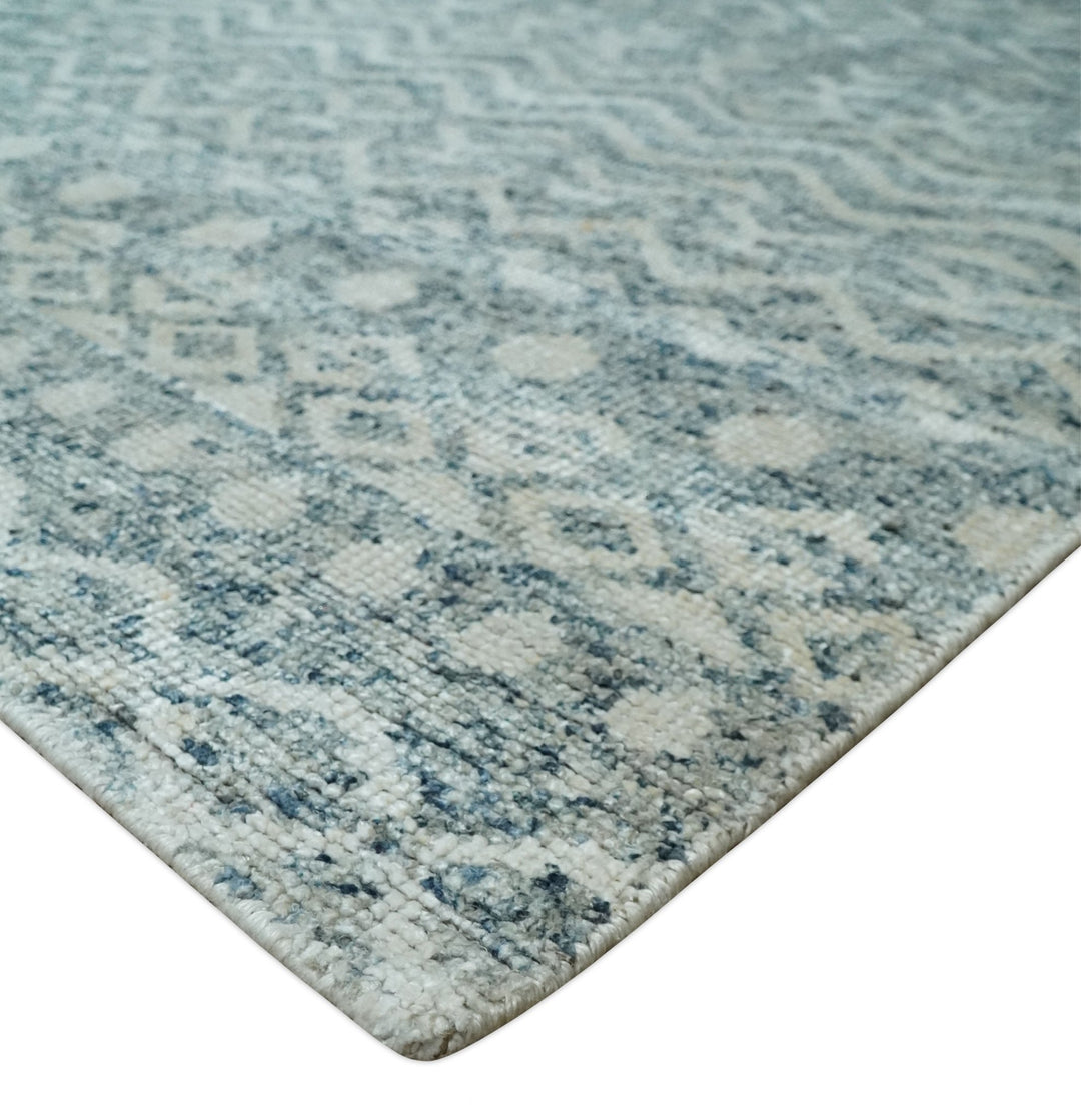 8x10 Hand Knotted Ivory and Blue Modern Contemporary Southwestern Tribal Trellis Recycled Silk Area Rug | OP37 - The Rug Decor