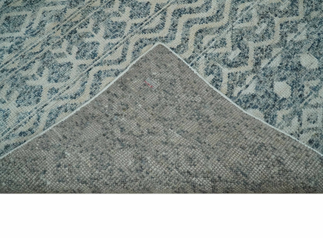 8x10 Hand Knotted Ivory and Blue Modern Contemporary Southwestern Tribal Trellis Recycled Silk Area Rug | OP37 - The Rug Decor