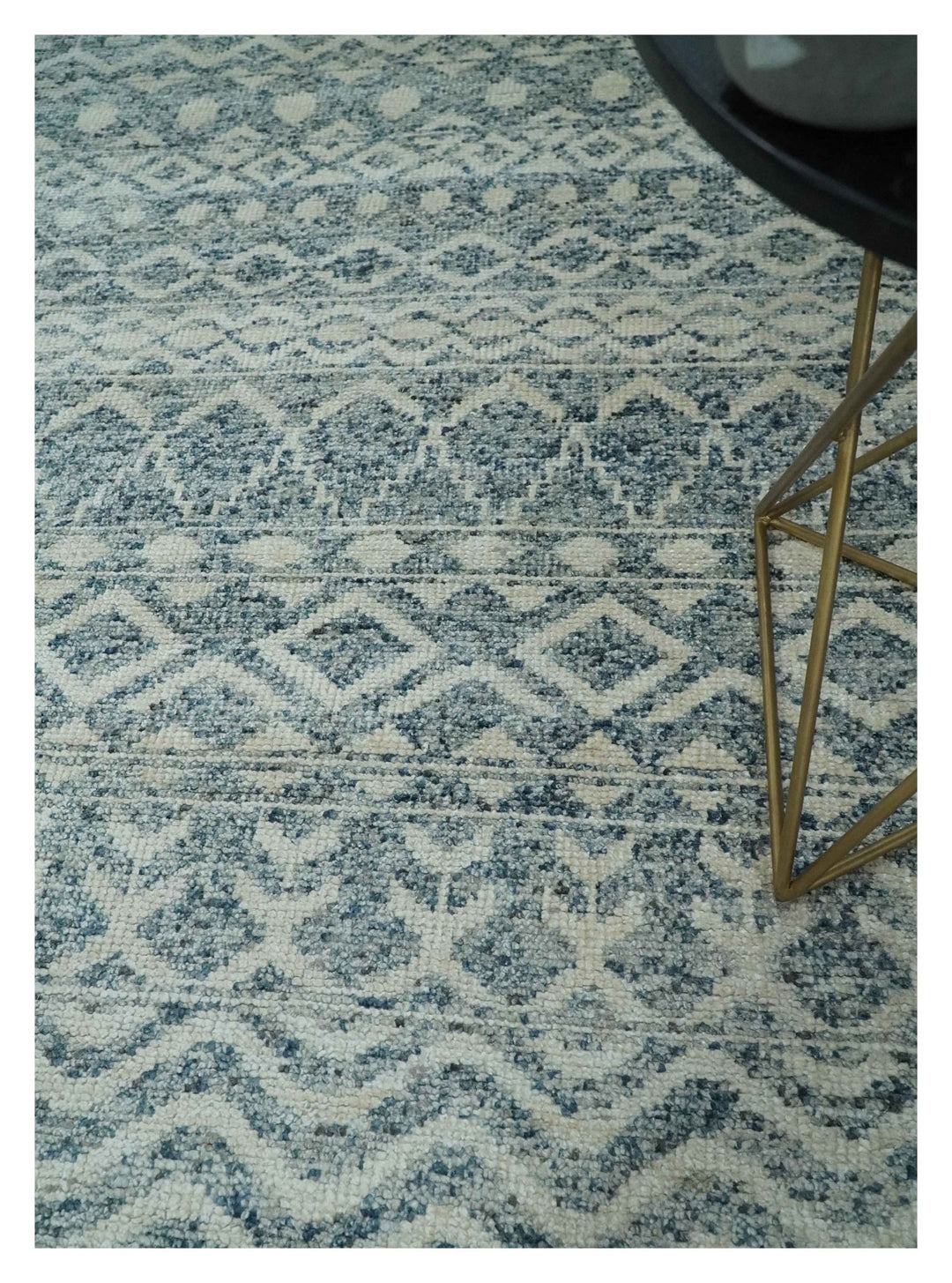 8x10 Hand Knotted Ivory and Blue Modern Contemporary Southwestern Tribal Trellis Recycled Silk Area Rug | OP37 - The Rug Decor