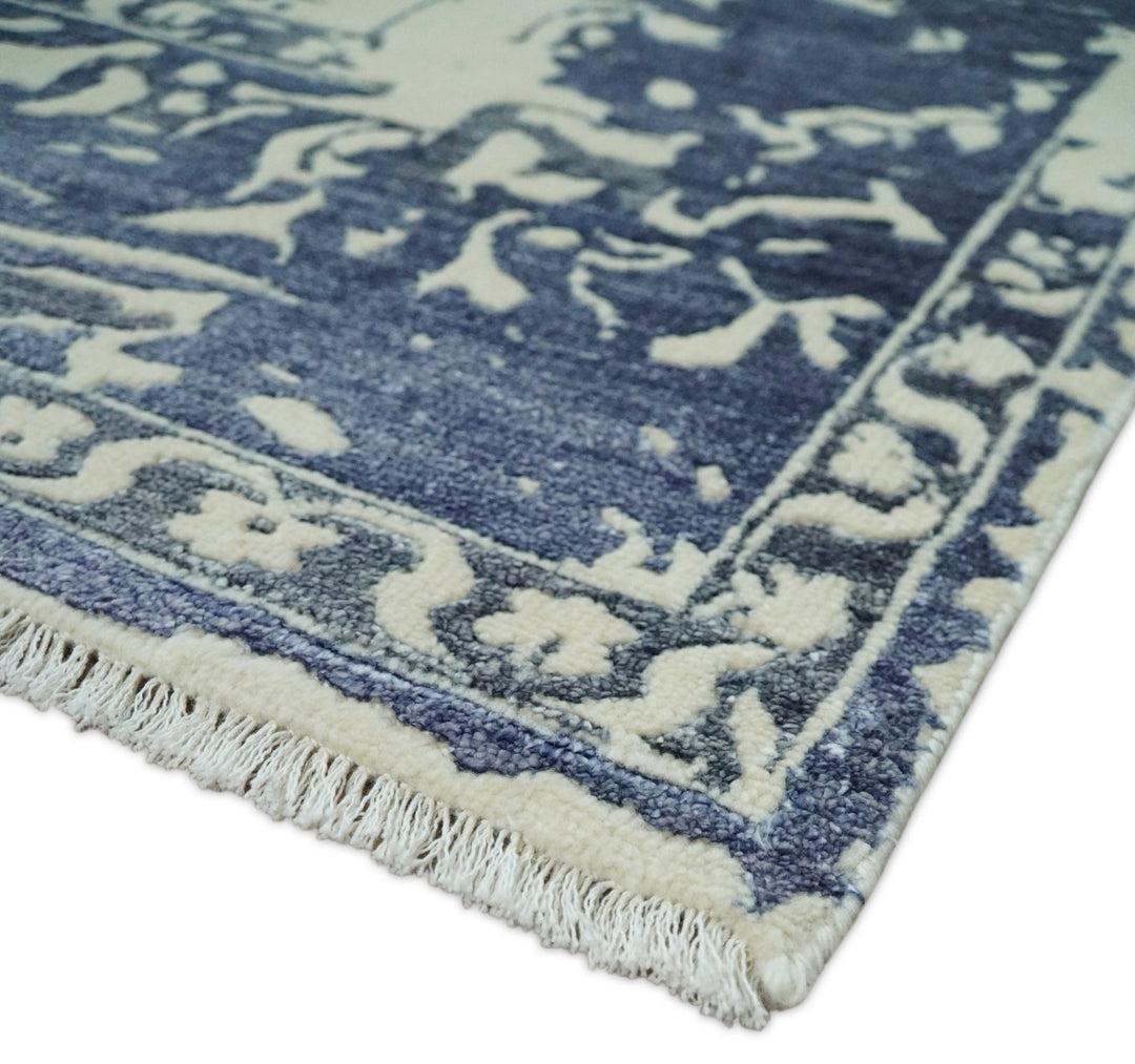 8x10 Hand knotted Ivory and Blue Traditional Abstract Persian Wool and Bamboo Silk Area Rug | TRDCP489810 - The Rug Decor