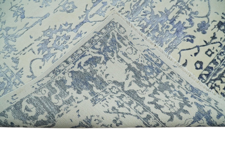 8x10 Hand knotted Ivory and Blue Traditional Abstract Persian Wool and Bamboo Silk Area Rug | TRDCP489810 - The Rug Decor