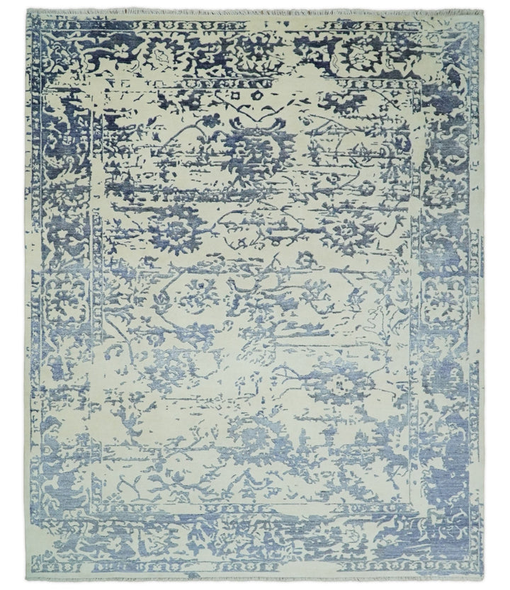 8x10 Hand knotted Ivory and Blue Traditional Abstract Persian Wool and Bamboo Silk Area Rug | TRDCP489810 - The Rug Decor