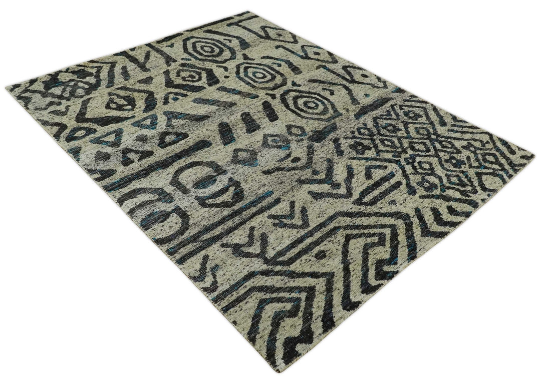 8x10 Hand Knotted Ivory and Charcoal Modern Tribal Style Contemporary Recycled Silk Area Rug | OP49 - The Rug Decor