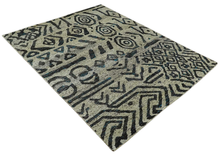 8x10 Hand Knotted Ivory and Charcoal Modern Tribal Style Contemporary Recycled Silk Area Rug | OP49 - The Rug Decor