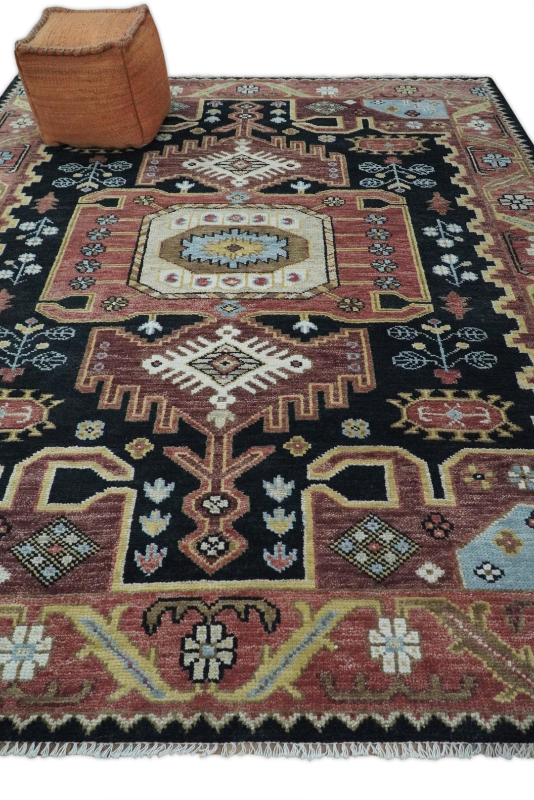 8x10 Hand Knotted Ivory, Black and Rust Traditional Heriz Serapi Antique Wool Rug | TRDCP753810 - The Rug Decor