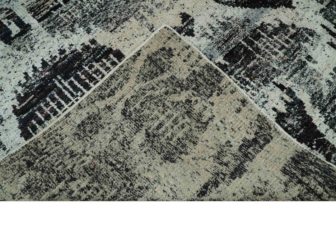 8x10 Hand Knotted Ivory, Charcoal and Brown Antique Persian Style Contemporary Recycled Silk Area Rug | OP46 - The Rug Decor