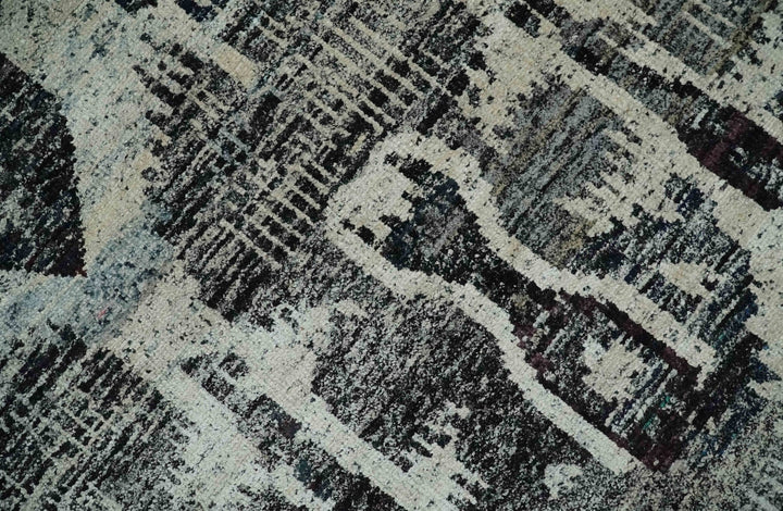 8x10 Hand Knotted Ivory, Charcoal and Brown Antique Persian Style Contemporary Recycled Silk Area Rug | OP46 - The Rug Decor