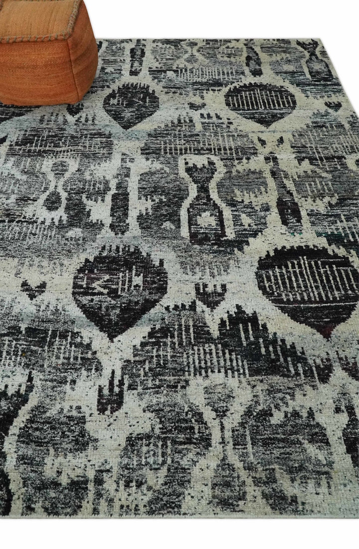 8x10 Hand Knotted Ivory, Charcoal and Brown Antique Persian Style Contemporary Recycled Silk Area Rug | OP46 - The Rug Decor