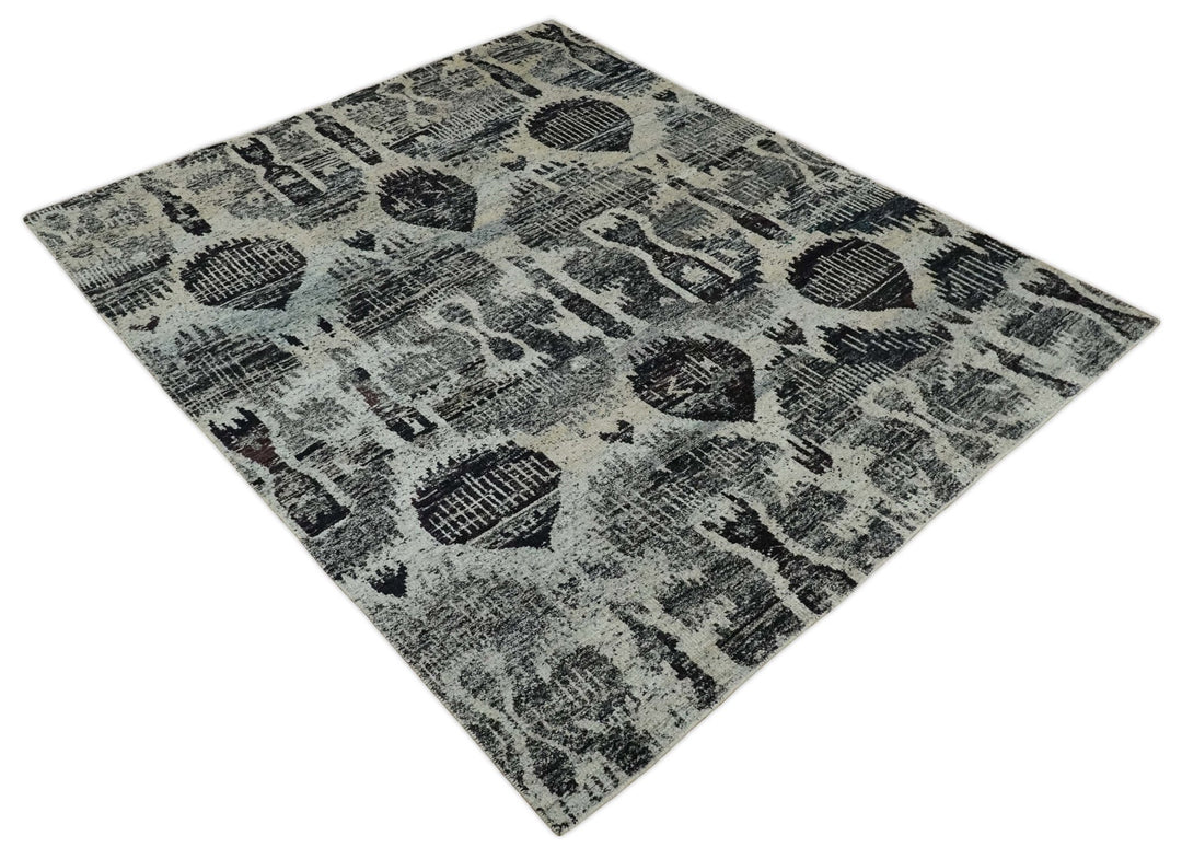 8x10 Hand Knotted Ivory, Charcoal and Brown Antique Persian Style Contemporary Recycled Silk Area Rug | OP46 - The Rug Decor