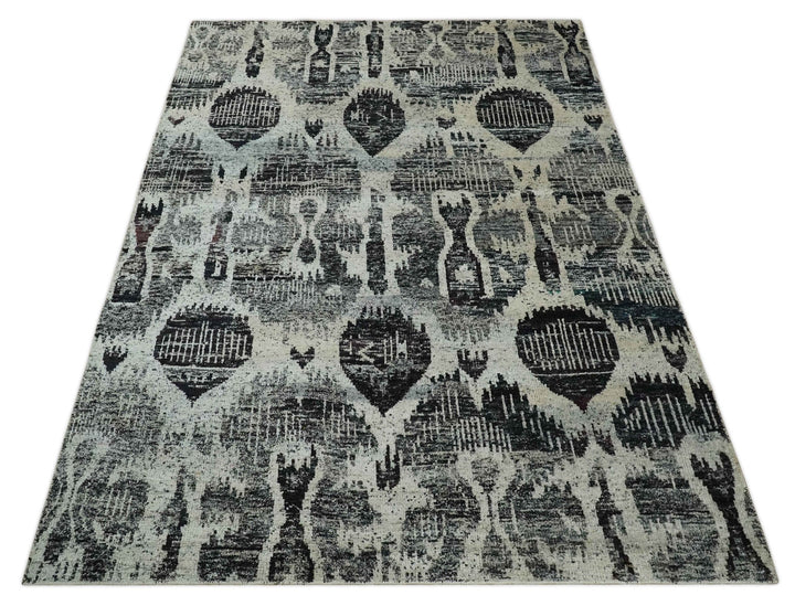 8x10 Hand Knotted Ivory, Charcoal and Brown Antique Persian Style Contemporary Recycled Silk Area Rug | OP46 - The Rug Decor