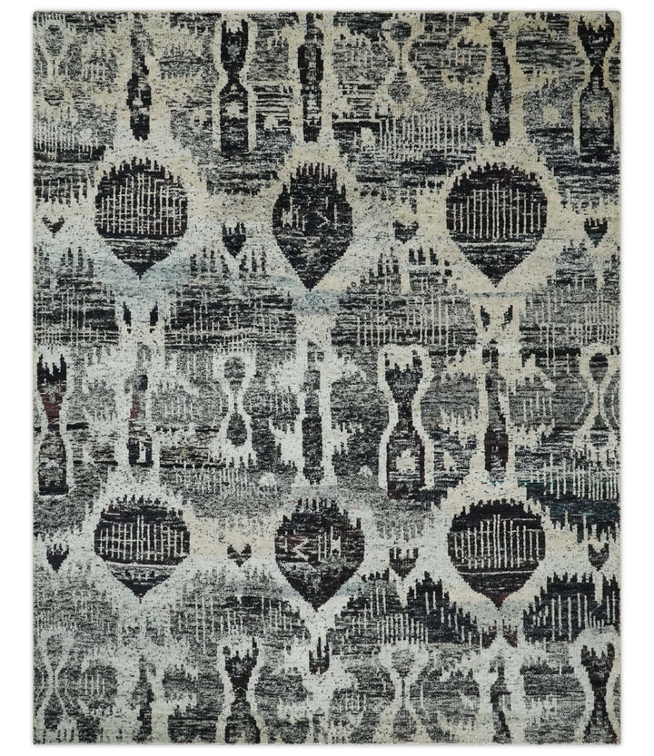 8x10 Hand Knotted Ivory, Charcoal and Brown Antique Persian Style Contemporary Recycled Silk Area Rug | OP46 - The Rug Decor