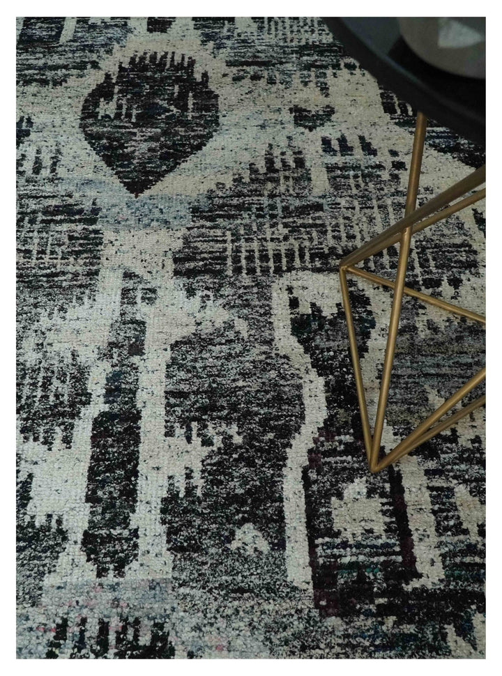 8x10 Hand Knotted Ivory, Charcoal and Brown Antique Persian Style Contemporary Recycled Silk Area Rug | OP46 - The Rug Decor