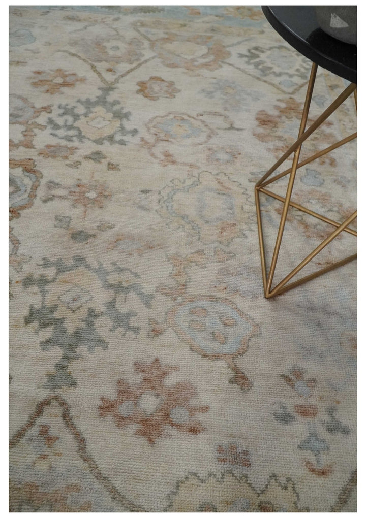 8x10 Hand Knotted Ivory, Silver and Brown Oriental Oushak Wool Area Rug - The Rug Decor