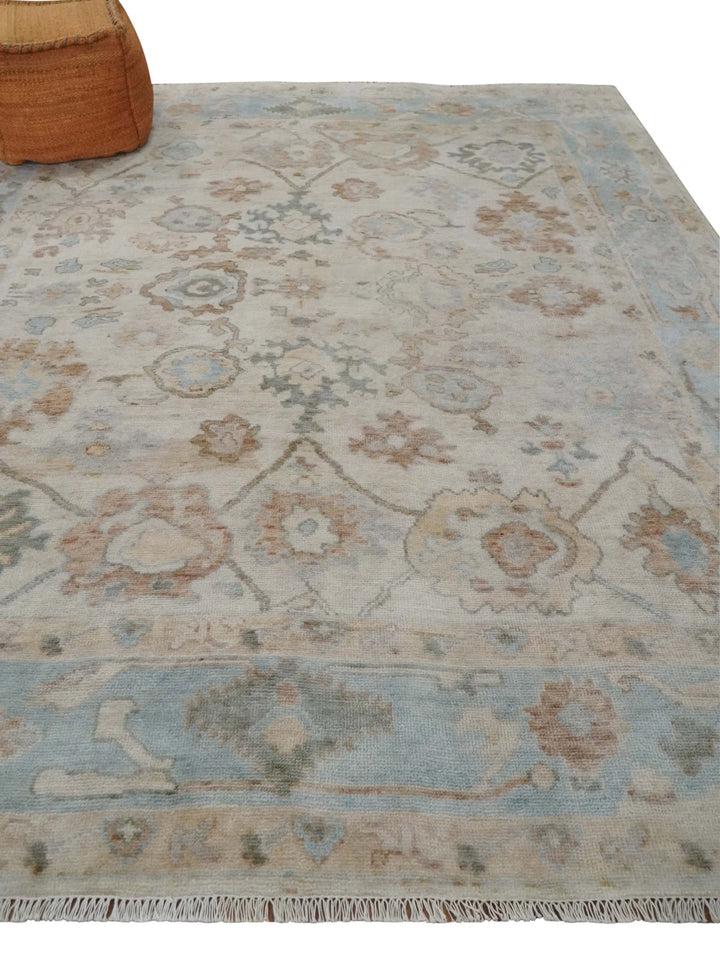 8x10 Hand Knotted Ivory, Silver and Brown Oriental Oushak Wool Area Rug - The Rug Decor
