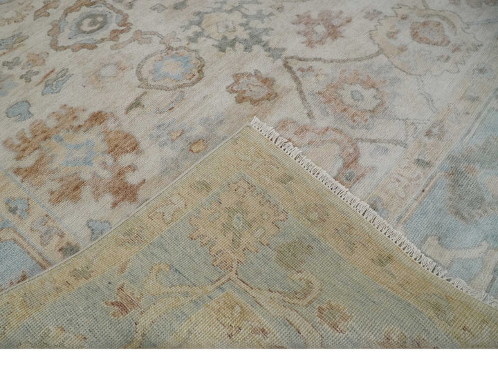 8x10 Hand Knotted Ivory, Silver and Brown Oriental Oushak Wool Area Rug - The Rug Decor