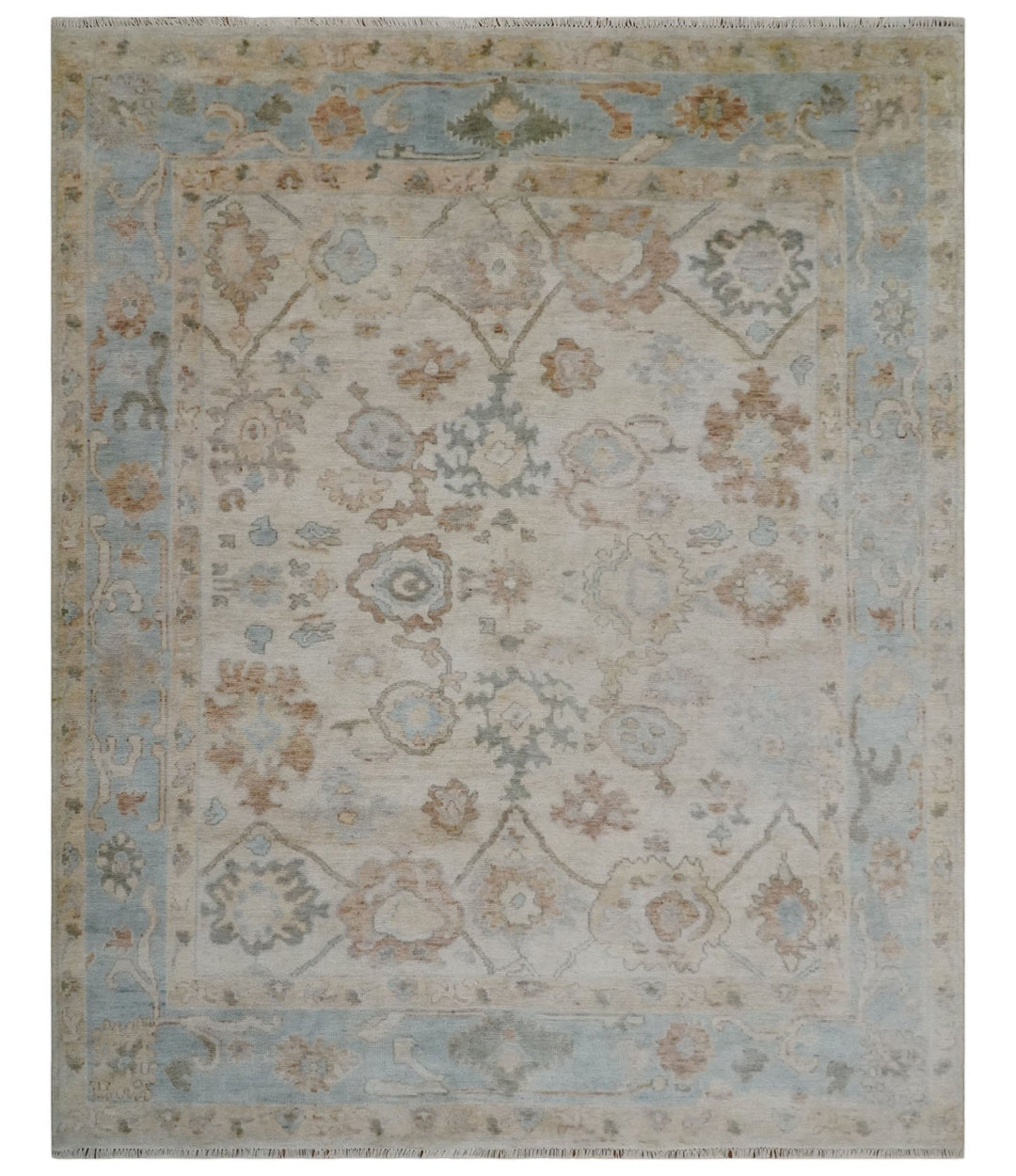 8x10 Hand Knotted Ivory, Silver and Brown Oriental Oushak Wool Area Rug - The Rug Decor