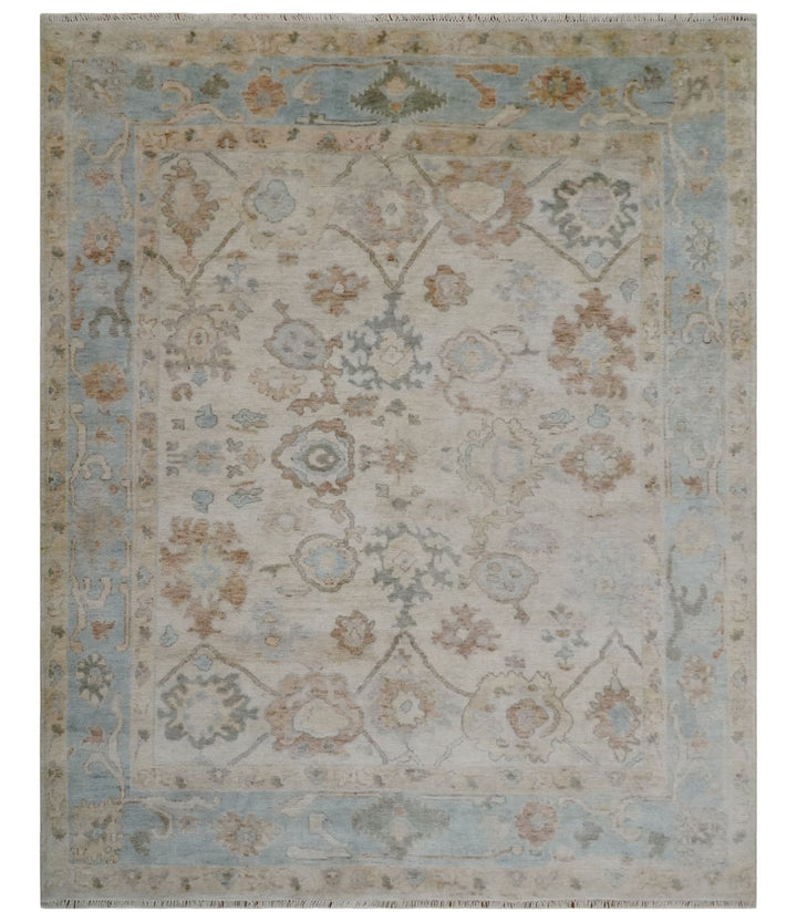 8x10 Hand Knotted Ivory, Silver and Brown Oriental Oushak Wool Area Rug - The Rug Decor