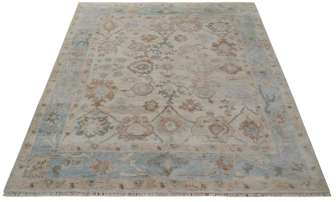 8x10 Hand Knotted Ivory, Silver and Brown Oriental Oushak Wool Area Rug - The Rug Decor