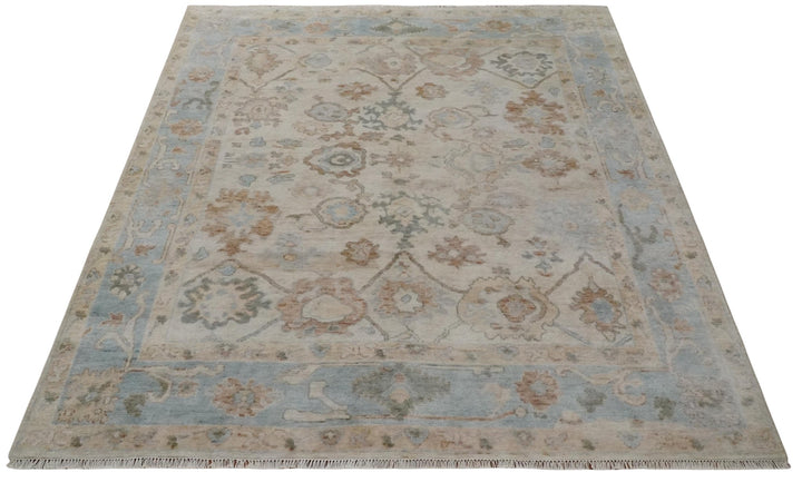 8x10 Hand Knotted Ivory, Silver and Brown Oriental Oushak Wool Area Rug - The Rug Decor