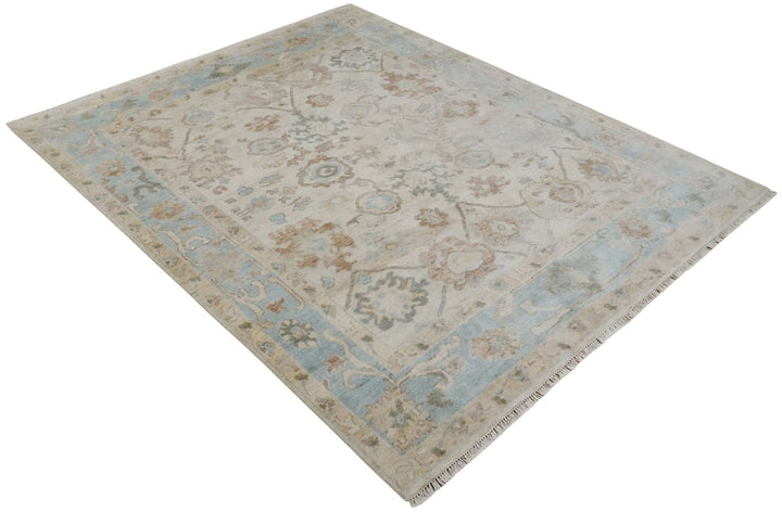 8x10 Hand Knotted Ivory, Silver and Brown Oriental Oushak Wool Area Rug - The Rug Decor