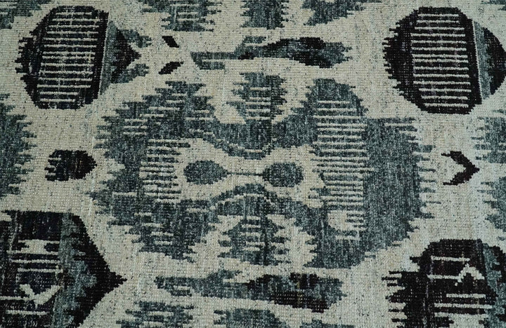 8x10 Hand Knotted Ivory, Teal and Black Antique Persian Style Contemporary Recycled Silk Area Rug | OP39 - The Rug Decor