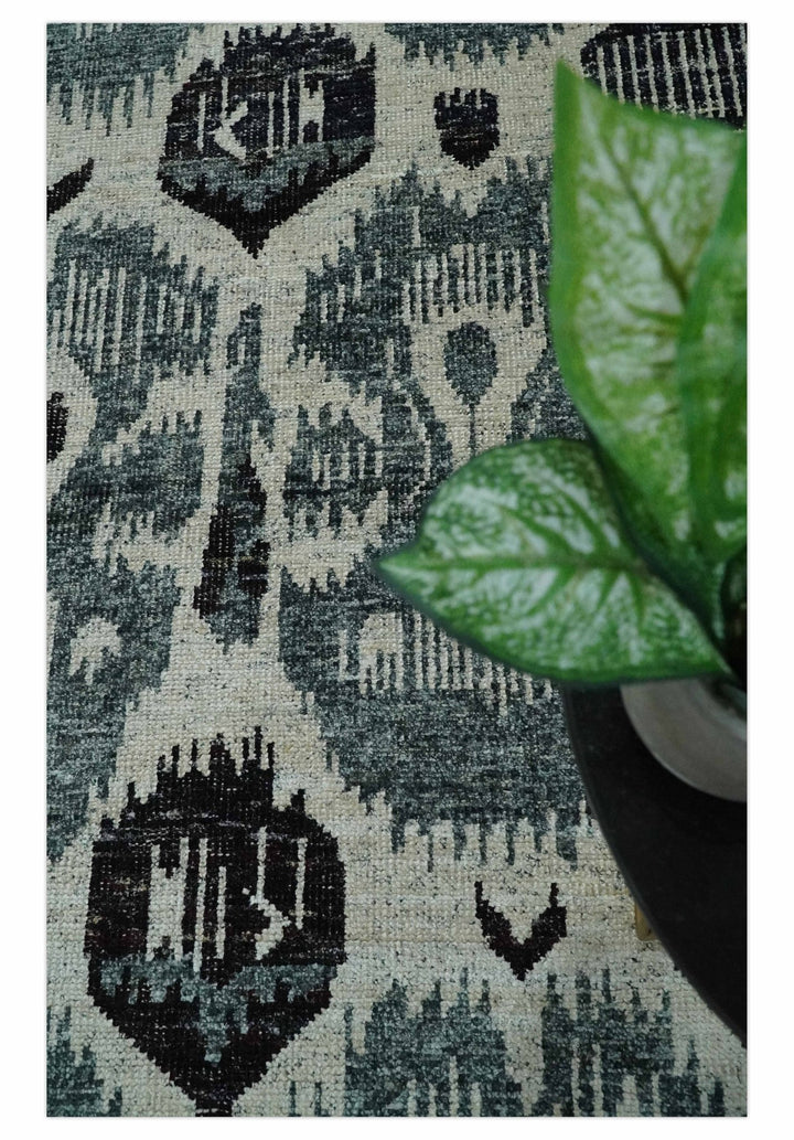 8x10 Hand Knotted Ivory, Teal and Black Antique Persian Style Contemporary Recycled Silk Area Rug | OP39 - The Rug Decor