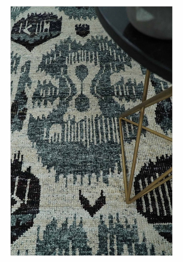 8x10 Hand Knotted Ivory, Teal and Black Antique Persian Style Contemporary Recycled Silk Area Rug | OP39 - The Rug Decor