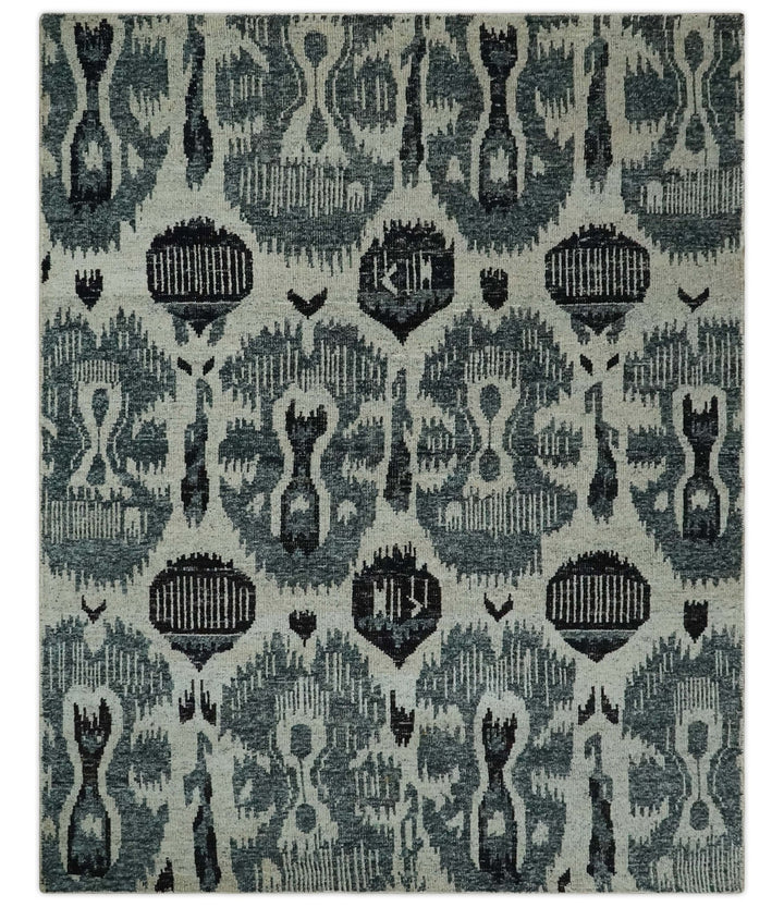 8x10 Hand Knotted Ivory, Teal and Black Antique Persian Style Contemporary Recycled Silk Area Rug | OP39 - The Rug Decor