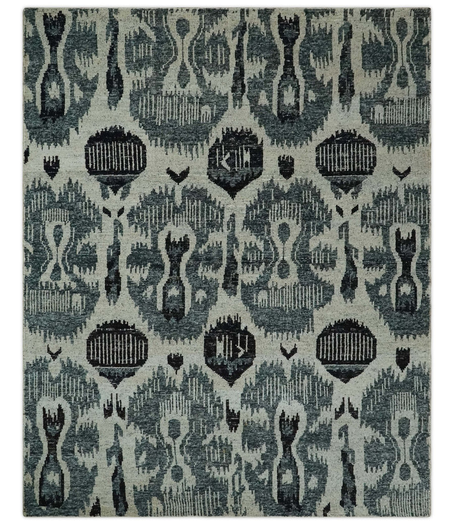 8x10 Hand Knotted Ivory, Teal and Black Antique Persian Style Contemporary Recycled Silk Area Rug | OP39 - The Rug Decor
