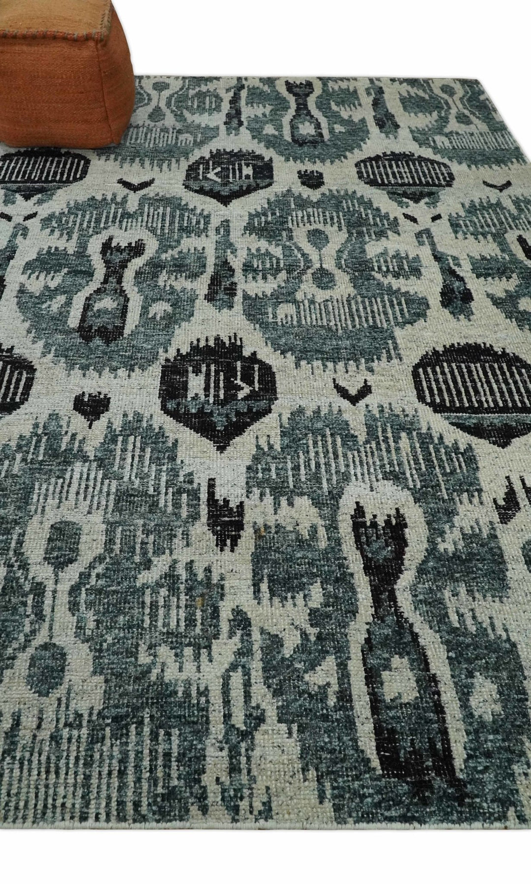 8x10 Hand Knotted Ivory, Teal and Black Antique Persian Style Contemporary Recycled Silk Area Rug | OP39 - The Rug Decor