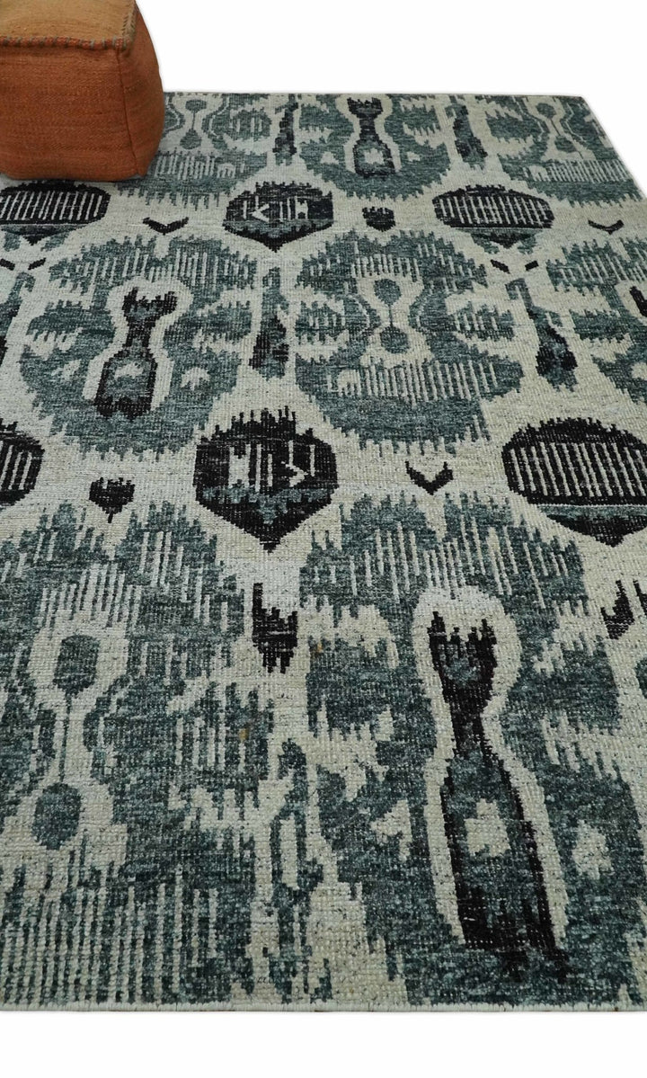 8x10 Hand Knotted Ivory, Teal and Black Antique Persian Style Contemporary Recycled Silk Area Rug | OP39 - The Rug Decor