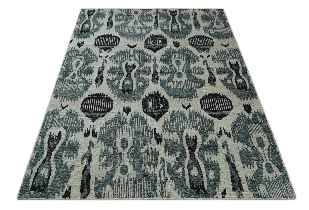 8x10 Hand Knotted Ivory, Teal and Black Antique Persian Style Contemporary Recycled Silk Area Rug | OP39 - The Rug Decor