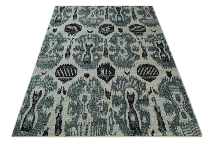 8x10 Hand Knotted Ivory, Teal and Black Antique Persian Style Contemporary Recycled Silk Area Rug | OP39 - The Rug Decor