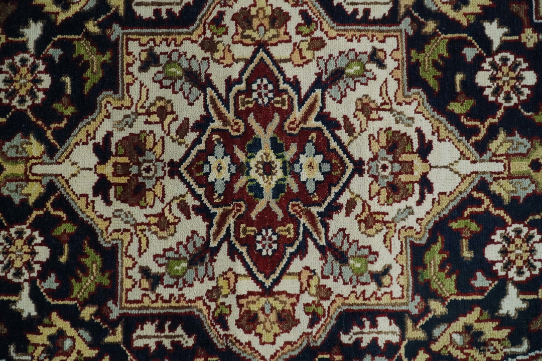 8x10 Hand Knotted Navy Blue, Ivory and Rust Traditional Vintage Heriz Serapi Antique Wool Rug | TRDCP559810 - The Rug Decor