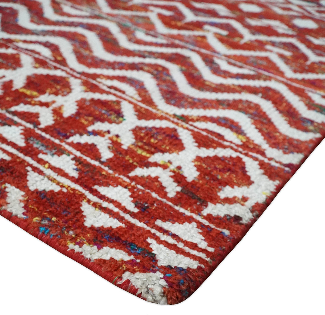 8x10 Hand Knotted Red and White Modern Contemporary Southwestern Tribal Trellis Recycled Silk Area Rug | OP27 - The Rug Decor