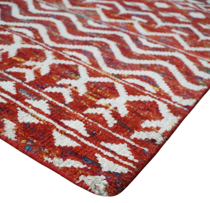 8x10 Hand Knotted Red and White Modern Contemporary Southwestern Tribal Trellis Recycled Silk Area Rug | OP27 - The Rug Decor