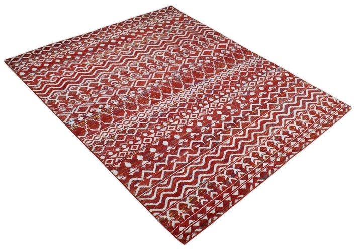 8x10 Hand Knotted Red and White Modern Contemporary Southwestern Tribal Trellis Recycled Silk Area Rug | OP27 - The Rug Decor