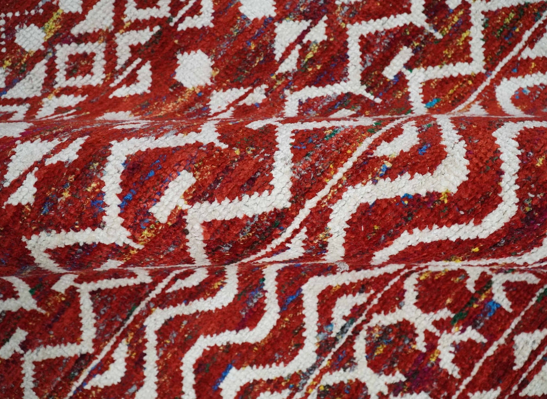 8x10 Hand Knotted Red and White Modern Contemporary Southwestern Tribal Trellis Recycled Silk Area Rug | OP27 - The Rug Decor