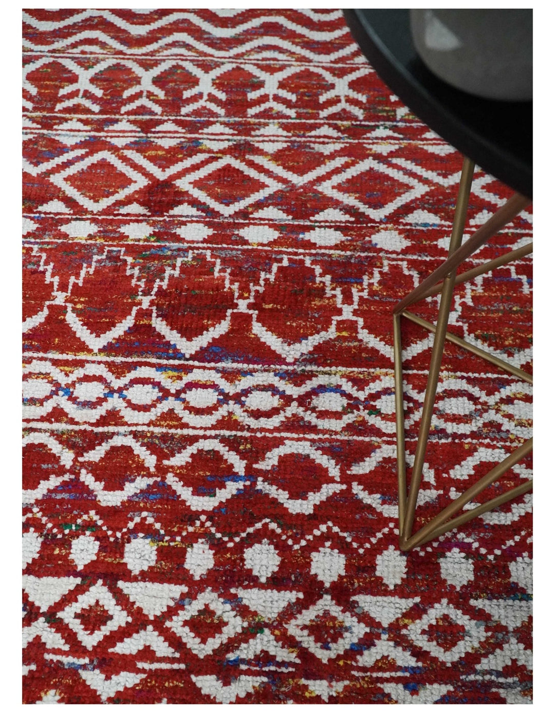8x10 Hand Knotted Red and White Modern Contemporary Southwestern Tribal Trellis Recycled Silk Area Rug | OP27 - The Rug Decor