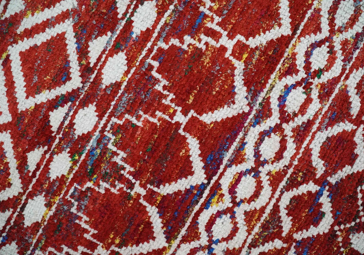 8x10 Hand Knotted Red and White Modern Contemporary Southwestern Tribal Trellis Recycled Silk Area Rug | OP27 - The Rug Decor
