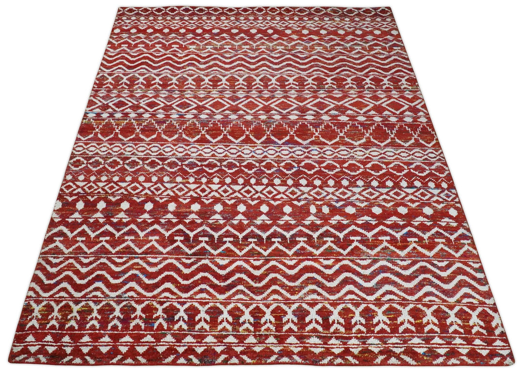 8x10 Hand Knotted Red and White Modern Contemporary Southwestern Tribal Trellis Recycled Silk Area Rug | OP27 - The Rug Decor